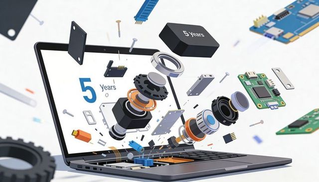 Exploded laptop electronics with floating gears and pcbs showcasing 5 years warranty