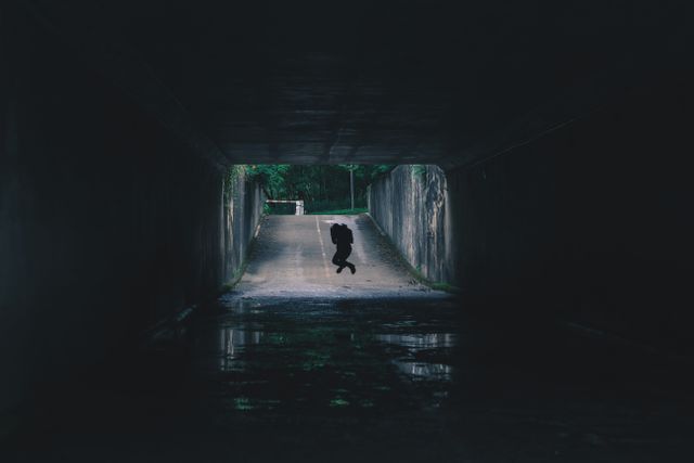 Silhouette of a person jumping in a dark tunnel with bright natural light shining at the end, reflecting off the wet ground. This image conveys themes of mystery, motion, freedom, and contrast. Suitable for use in concepts related to inspiration, urban exploration, overcoming challenges, and finding light in the darkness.