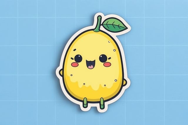 Composition of yellow kawaii cartoon pear sticker on blue background. Stickers and pattern concept digitally generated image.