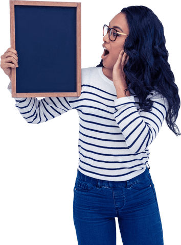 Surprised Asian Woman Holding Blank Blackboard Isolated on White