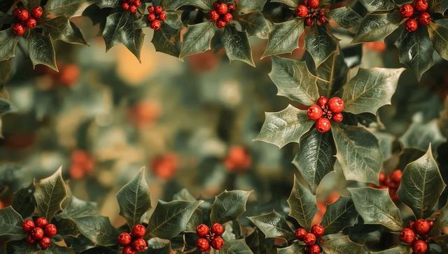 Festive Holly Border with Glossy Green Leaves and Bright Red Berries, Bokeh Background