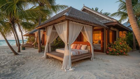 Tropical Beachfront Cabana with Canopy Daybed and Wooden Villa at Golden Sunset Resort