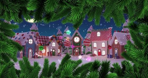 Gingerbread village at night with clock tower and peppermint roofs, festive snowy candy town