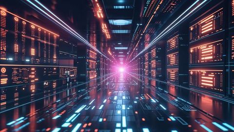 Futuristic data corridor in digital data center with led lights for website designs