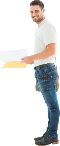 Smiling Delivery Man Holding Envelopes and Documents Transparent Background - Download Free Stock Videos Pikwizard.com