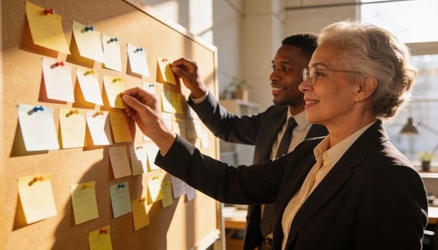 Senior executive pinning sticky notes on corkboard during collaborative planning session