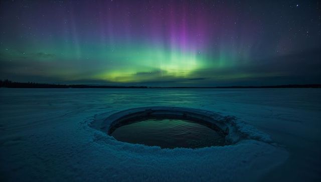 Icy Lake Hole Under Aurora Borealis in Arctic Night