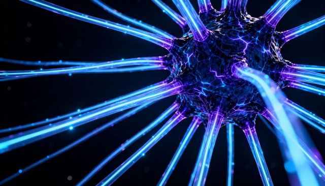 Radiating neuron-like node pulsing with electric veins and cyan-blue filaments in dark void