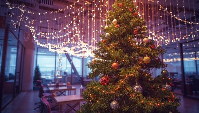 Festive christmas tree illuminated with warm lights in corporate office