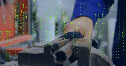Holding rusty pipe in bench vise with green binary code overlay for industrial tech