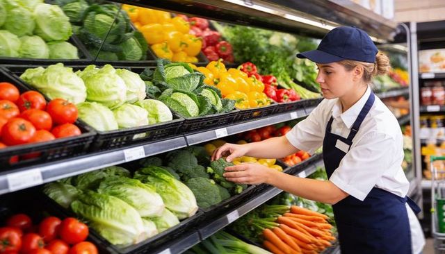 Restocking fresh vegetables on refrigerated supermarket shelves wearing navy cap and apron