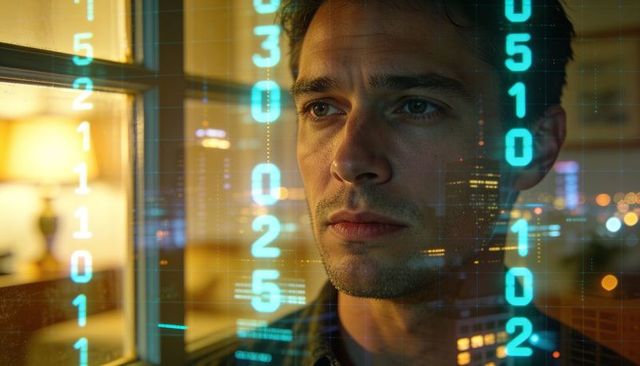 Man gazing through window with teal binary code overlay and reflective cityscape at night