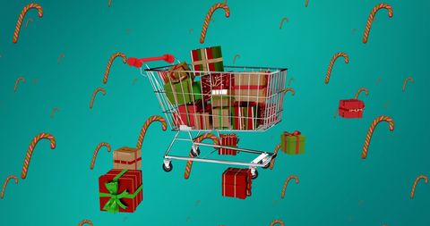 Floating Christmas Gifts and Candy Canes with Shopping Cart