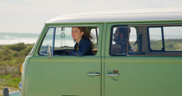 Couple in Vintage Van Enjoying Beach Trip - Download Free Stock Images Pikwizard.com