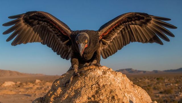 Perching black vulture spreading wings on desert outcrop, talons and orange eye
