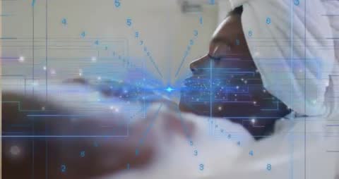 Spa client receiving futuristic skin analysis with holographic data overlay for wellness