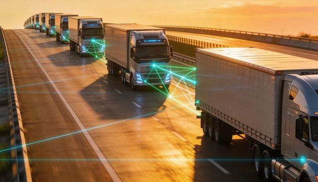 Smart lead vehicle guiding connected autonomous truck platoon on sunset highway for fleet