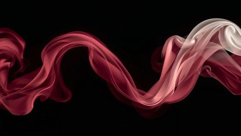 Red and White Translucent Smoke Ribbon Forming S-Curve on Black Background, Fluid Motion