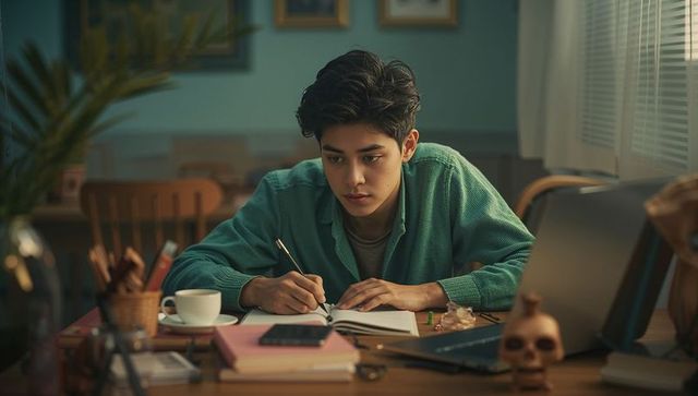 Asian Teen Student Writing in Study Room with Creative Decor