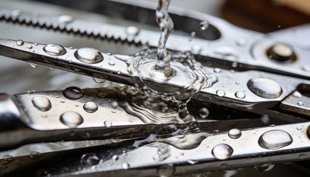 Glinting stainless steel utensils and tongs with water droplets and flowing tap water macro