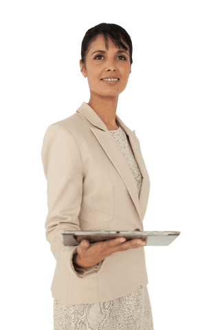 Confident Biracial Businesswoman Holding Tablet on Transparent Background