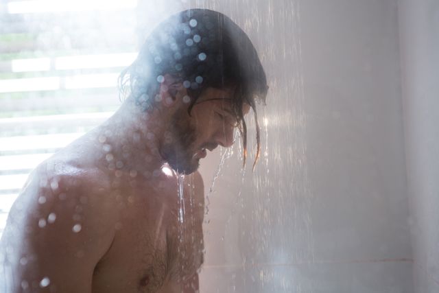 Man standing under shower in home bathroom, water streaming down. Ideal for illustrating concepts of personal hygiene, morning routines, self-care, and relaxation. Suitable for use in advertisements for bathroom products, health and wellness articles, and lifestyle blogs.