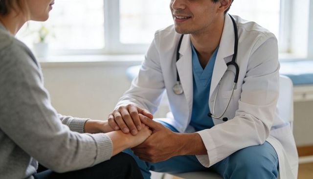 Reassuring doctor holding patient hands during compassionate medical consultation