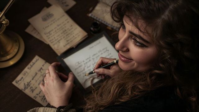 Adult woman writing handwritten letter by warm lamplight, vintage calligraphy moment