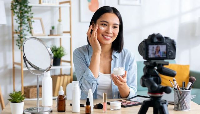 Beauty vlogger demonstrating skincare routine applying moisturizer in sunlit home studio