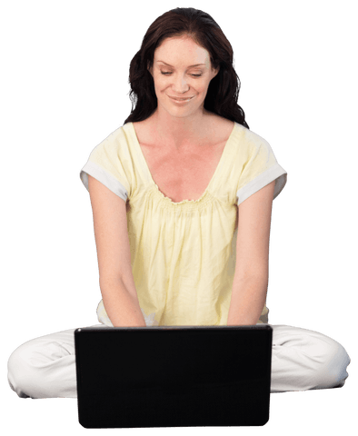 Transparent smiling woman using laptop freelance concept