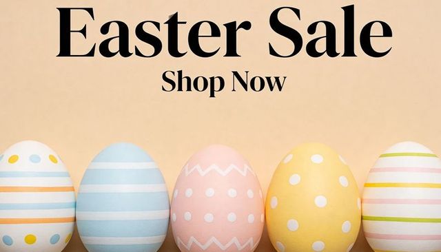 Easter sale featuring pastel eggs lined up on beige backdrop with shop now cta