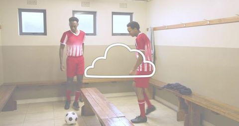 Practicing bench ball control in locker room by soccer teammates training for match