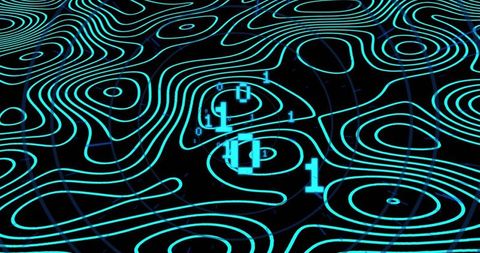 Neon Cyan Topographic Data Contours with Floating Binary Code for Futuristic Tech