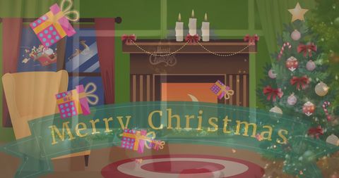 Festive christmas living room with merry christmas text