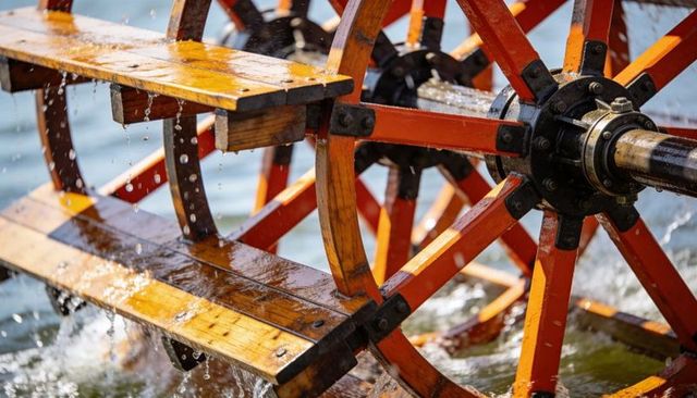 Sunlit wooden paddle wheel rotating and splashing varnished paddles with metal hub