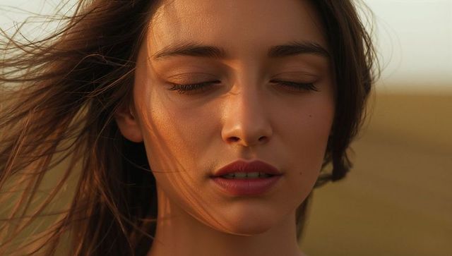 Young woman closing eyes feeling warm breeze in golden hour field closeup portrait sunlit skin