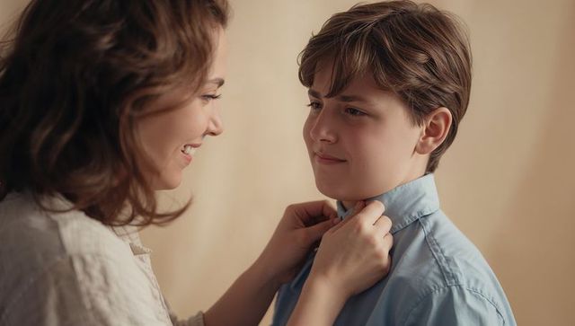Smiling mother adjusting teen boy collar at home, tender moment of parental care