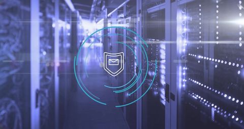 cybersecurity symbol over dimly lit server room - Download Free Stock Images Pikwizard.com