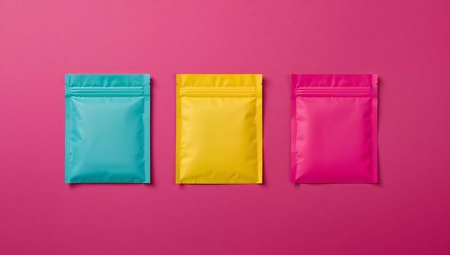 Colorful resealable pouches over pink background for product display