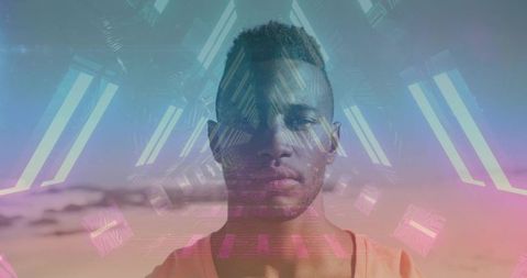 Meditative portrait blending coastal beach and neon geometric corridor double exposure