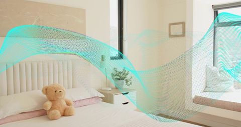 Sunlit minimal bedroom with plush teddy bear and turquoise digital wave, neutral interior