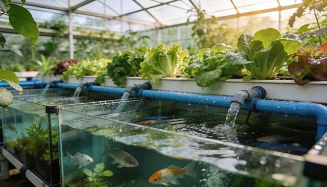 Aquaponic greenhouse system feeding lettuce from recirculating fish tanks with goldfish