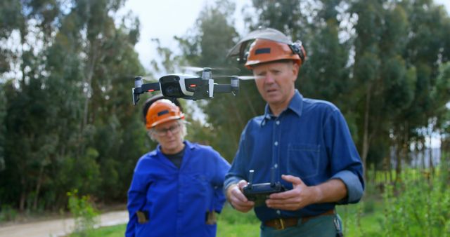 Lumberjacks operating drone in forest at countryside 4k