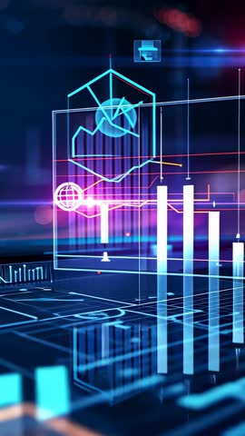 Booting Holographic Analytics Interface Animating Pie and Bar Charts on Neon Grid