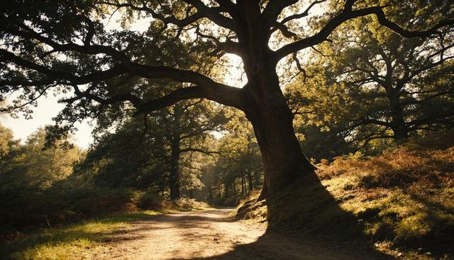 Sunlit oak arching over dappled woodland trail at golden hour, fern-lined path