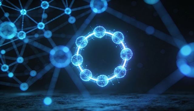Rotating Holographic Ring of Connected Nodes Glowing Blue Digital Neural Network Sphere