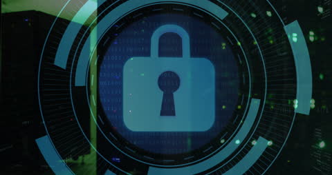 Cybersecurity Lock Animation Over Computer Servers