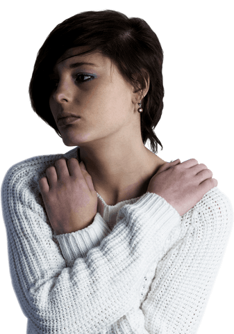 Sad Brunette Woman in White Sweater with Transparent Background Thinking