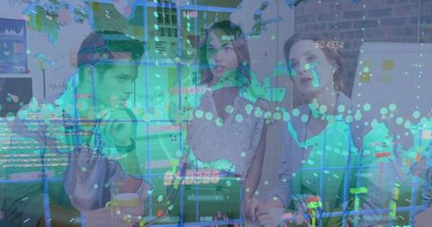 Business professionals analyzing digital interface data overlay