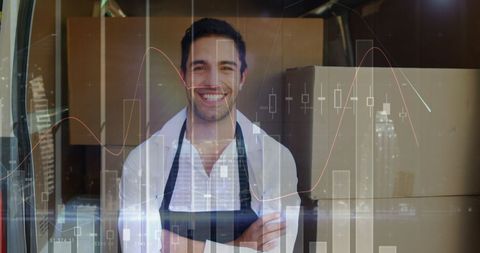 Happy delivery courier with financial data overlay